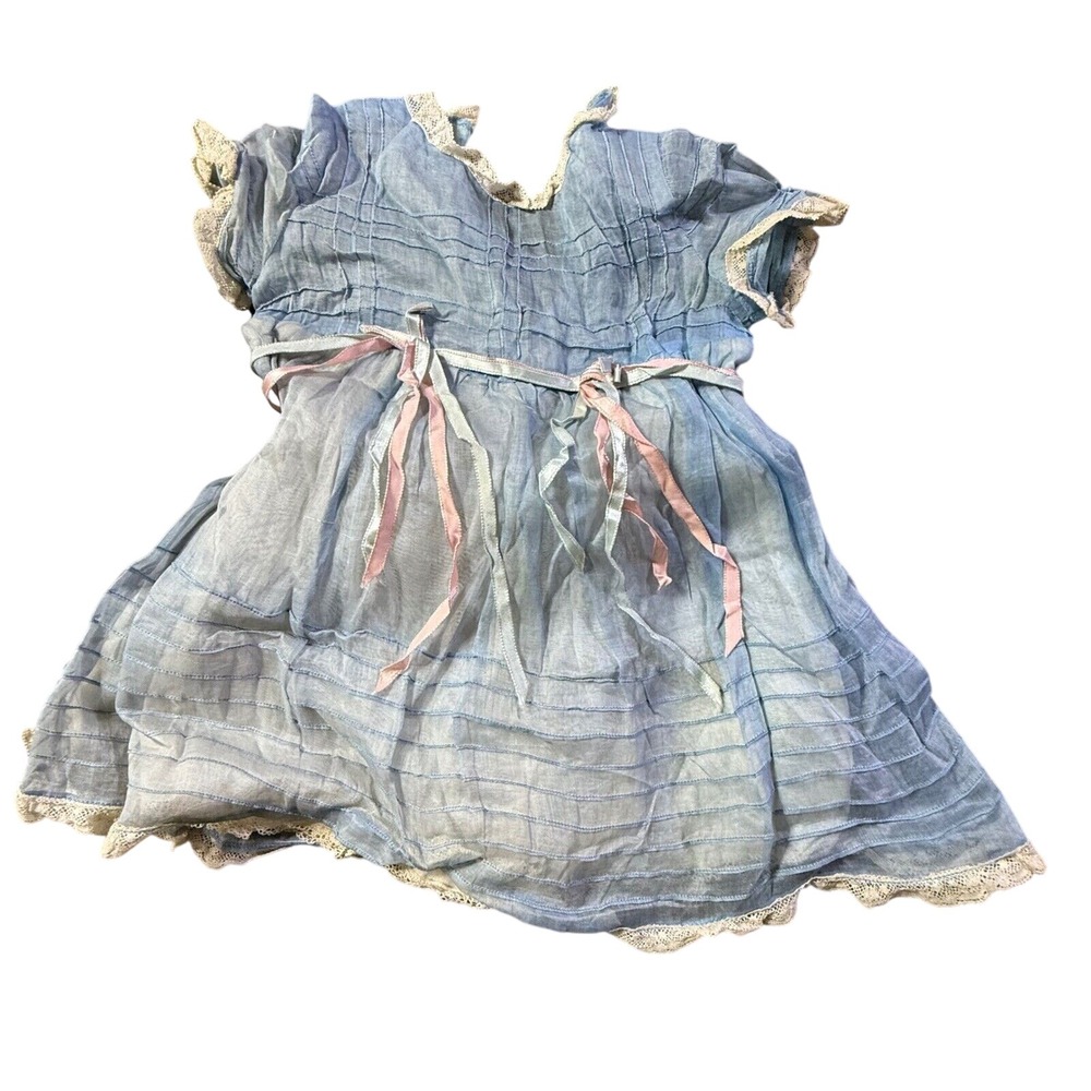 Antique Vintage Dress Blue Lace Trim Ribbon Detail Girl's Dress‎ handmade 6-9 mo